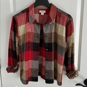 Tailored Plaid Jacket multi color, red, black.  Metal buttons  Size small.